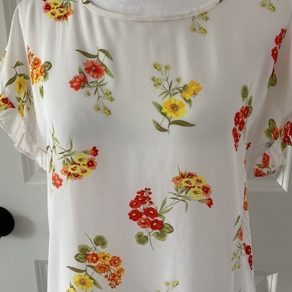 LOFT Small petite top floral white orange yellow ruffle short sleeves - Picture 6 of 10